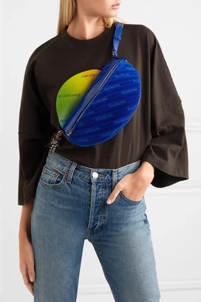 Shop Balenciaga Souvenir Xs Embellished Leather-trimmed Quilted Velvet Belt Bag In Blue