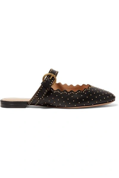 Shop Chloé Lauren Studded Scalloped Leather Slippers In Black