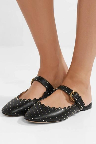 Shop Chloé Lauren Studded Scalloped Leather Slippers In Black