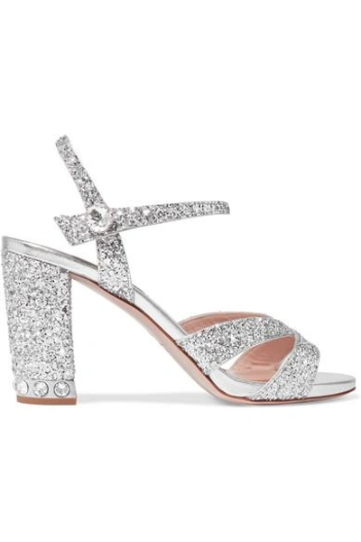 Shop Miu Miu Crystal-embellished Glittered Leather Sandals In Silver