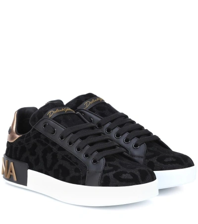 Shop Dolce & Gabbana Leopard Leather-trimmed Sneakers In Black