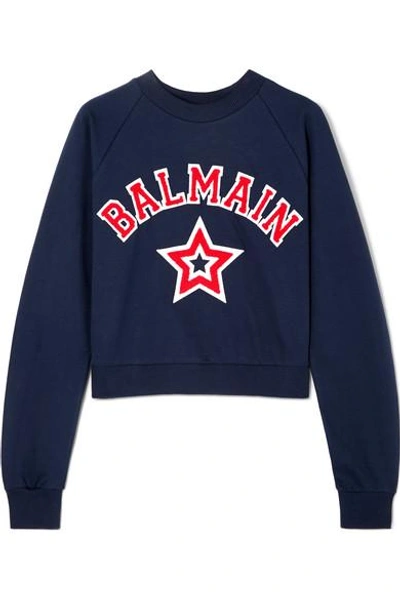 Shop Balmain Cropped Appliquéd Cotton-jersey Sweatshirt In Navy