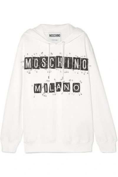 Shop Moschino Embellished Cotton-jersey Hoodie In White
