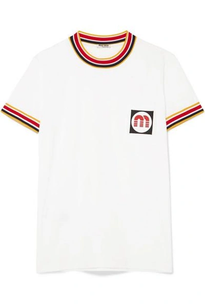 Shop Miu Miu Appliquéd Striped Cotton-jersey T-shirt In White