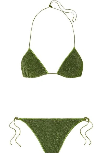 Shop Oseree Lumière Stretch-lurex Triangle Bikini In Dark Green