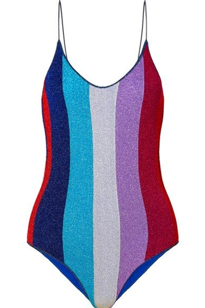 Shop Oseree Lumière Striped Stretch-lurex Swimsuit In Blue