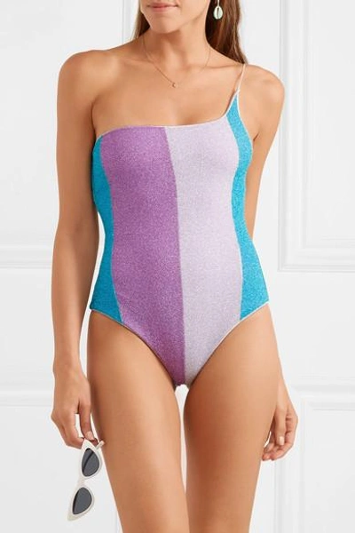 Shop Oseree Lumière One-shoulder Striped Stretch-lurex Swimsuit In Lavender