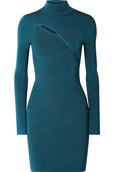 Shop Mugler Cutout Ribbed Stretch-knit Turtleneck Mini Dress In Blue