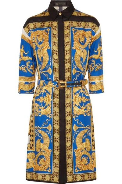 Shop Versace Printed Silk-twill Shirt Dress In Gold