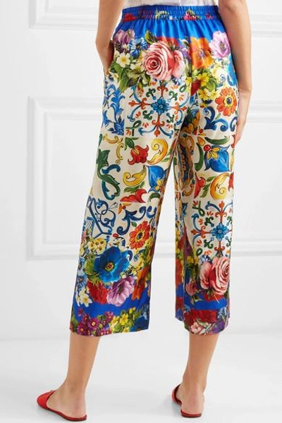 Shop Dolce & Gabbana Cropped Printed Silk-twill Wide-leg Pants In Blue