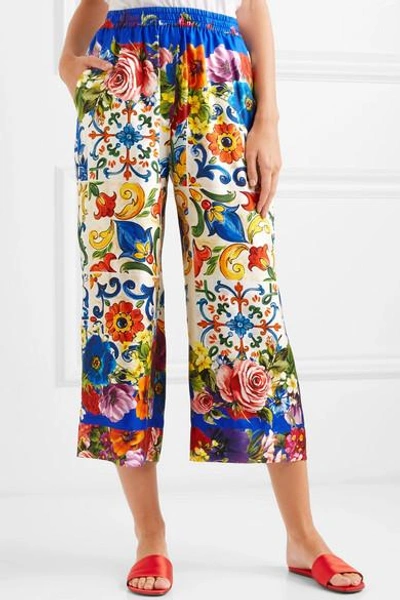 Shop Dolce & Gabbana Cropped Printed Silk-twill Wide-leg Pants In Blue