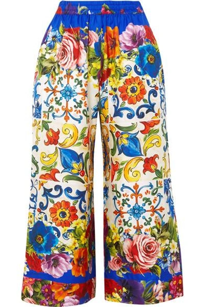 Shop Dolce & Gabbana Cropped Printed Silk-twill Wide-leg Pants In Blue