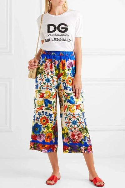 Shop Dolce & Gabbana Cropped Printed Silk-twill Wide-leg Pants In Blue