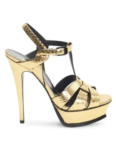 Shop Saint Laurent Tribute 105 Metallic Ayers Platform Sandals In Gold