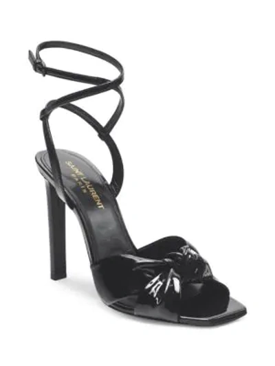 Shop Saint Laurent Amy Patent Leather Bow Ankle-strap Sandals In Black