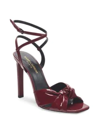 Shop Saint Laurent Amy Patent Leather Bow Ankle-strap Sandals In Red