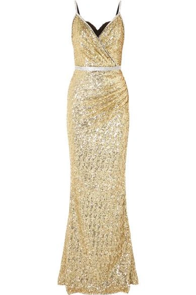Shop Dolce & Gabbana Crystal-embellished Sequined Stretch-satin Gown In Gold