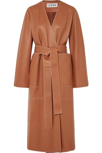 Shop Loewe Belted Leather Coat In Tan