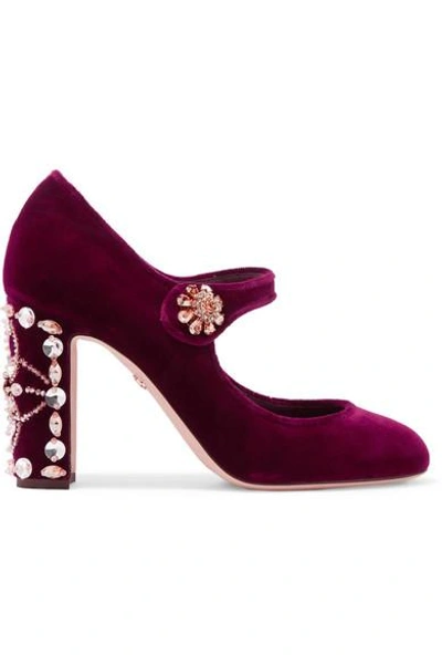 Shop Dolce & Gabbana Crystal-embellished Velvet Mary Jane Pumps