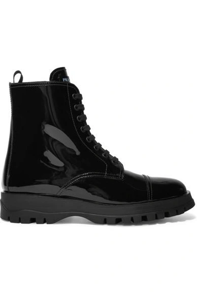 Shop Prada Lace-up Patent-leather Ankle Boots