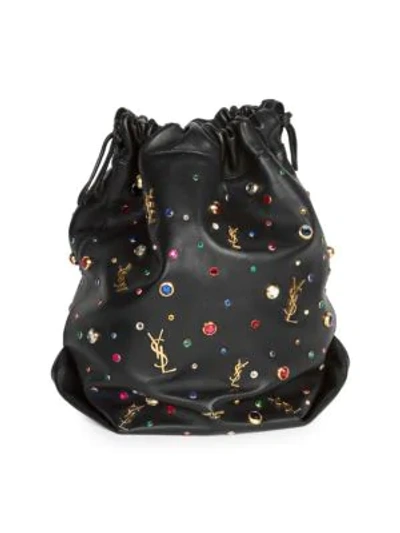 Shop Saint Laurent Teddy Embellished Leather Bucket Bag In Noir Multi