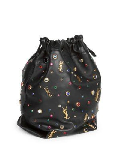 SAINT LAURENT Suede Small Y Studs Bucket Bag Black 243868