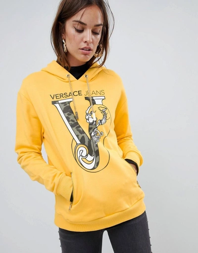 Shop Versace Jeans Leopard Logo Hoodie With Chain Detail - Yellow