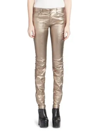 Shop Saint Laurent Mid Rise Metallic Leather Trousers In Bronze