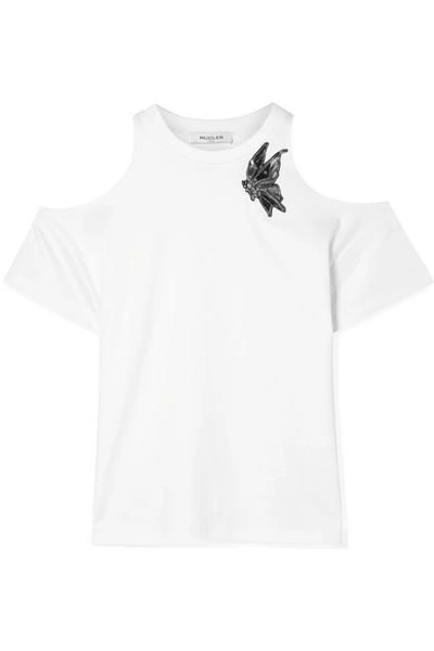 Shop Mugler Appliquéd Cold-shoulder Cotton-jersey Top In White