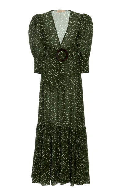 Shop Adriana Degreas Polka Dot Flared Silk Maxi Dress In Green