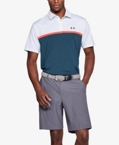 Shop Under Armour Men's Playoff Performance Color Blocked Golf Polo In White/bass Blue