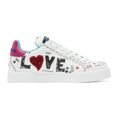 Shop Dolce & Gabbana Dolce And Gabbana White Embroidered Love Sneakers In 8e057 White