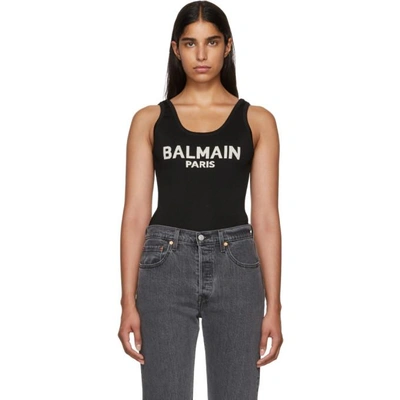 Shop Balmain Black Knit Logo Bodysuit In Nr/ag C5127