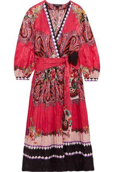 Shop Etro Pleated Printed Satin-jacquard Wrap Dress In Pink