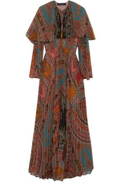 Shop Etro Cape-effect Pleated Printed Georgette Maxi Dress In Multicolor
