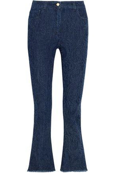 Shop Etro Cropped Paisley-detailed High-rise Bootcut Jeans In Dark Denim