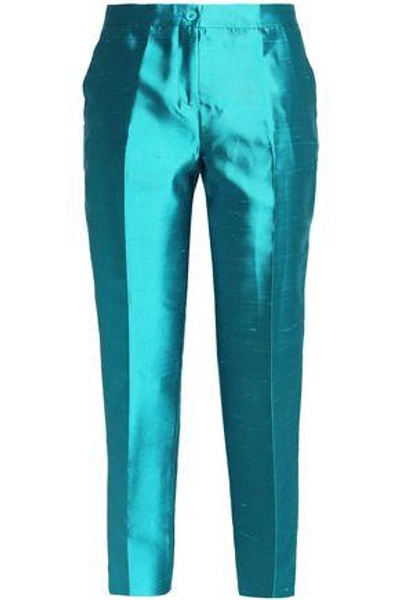 Shop Etro Woman Cropped Silk-shantung Tapered Pants Turquoise