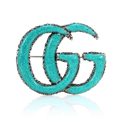 Shop Gucci Double G Sterling Silver And Turquoise Brooch