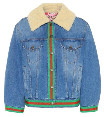 Shop Gucci Denim Jacket With Faux Shearling In Blue