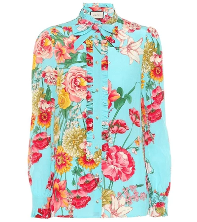 Shop Gucci Floral-printed Silk Shirt In Turquoise