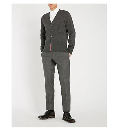 Shop Thom Browne Cable-knit Wool And Cotton-blend Cardigan In Med Grey