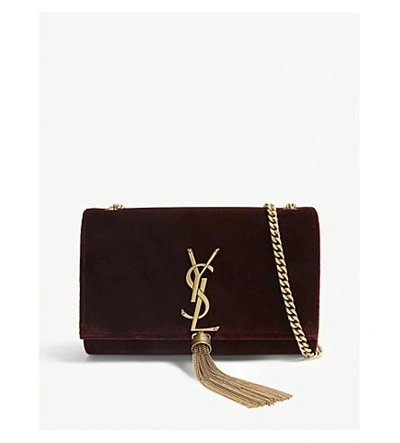 Shop Saint Laurent Dark Red Kate Small Velvet Shoulder Bag