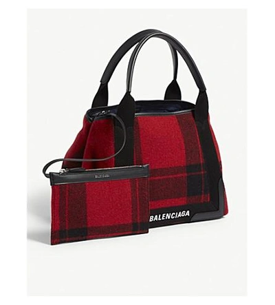 Shop Balenciaga Red Checked Leather-trimmed Tartan Wool Shoulder Bag