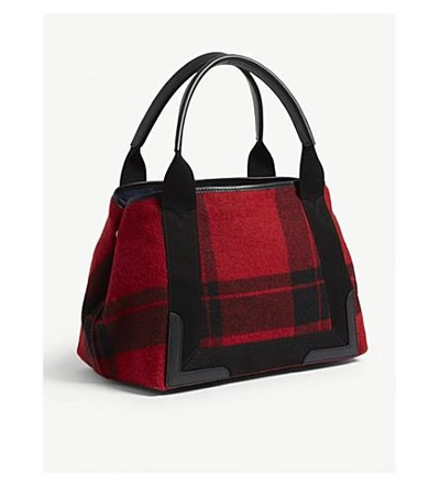 Shop Balenciaga Red Checked Leather-trimmed Tartan Wool Shoulder Bag