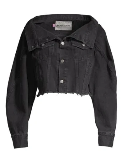 Shop Sandy Liang Reny Cropped Open Collar Denim Jacket In Black
