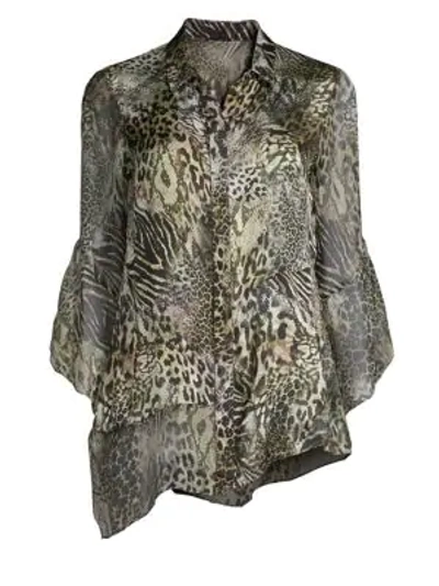 Shop Elie Tahari Layla Safari Animal Print Silk Blouse In Olivine Multi