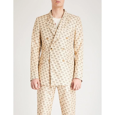Shop Gucci Logo-print Double-breasted Silk Jacket In Ivory