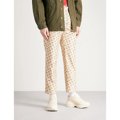 Shop Gucci Logo-print Straight Silk Trousers In Ivory