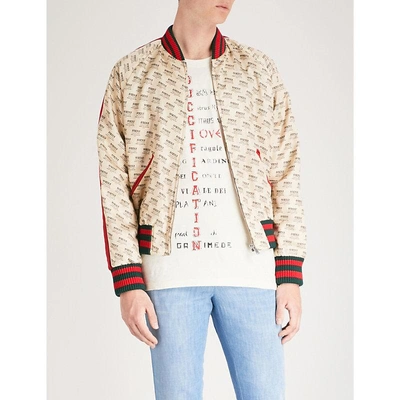 Shop Gucci Stamp-print Satin Bomber Jacket In Ivory