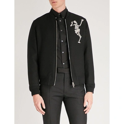 Shop Alexander Mcqueen Dancing Skeleton Wool And Silk-blend Bomber Jacket In Black